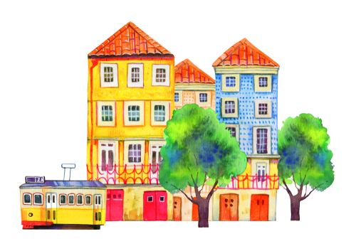 Photo of Lisbon Portugal, colorful houses with a yellow trolley